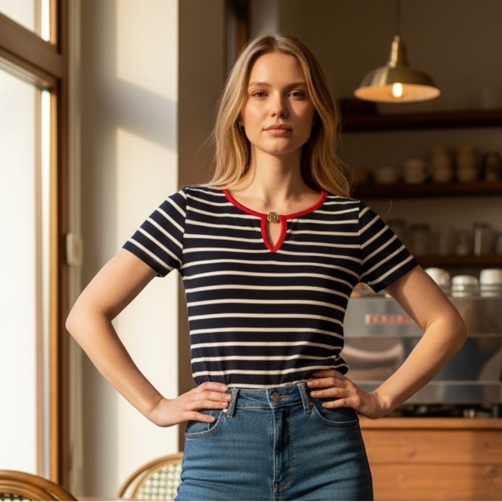 Tommy Hilfiger Navy and White Striped Short Sleeve Top with Red Trim